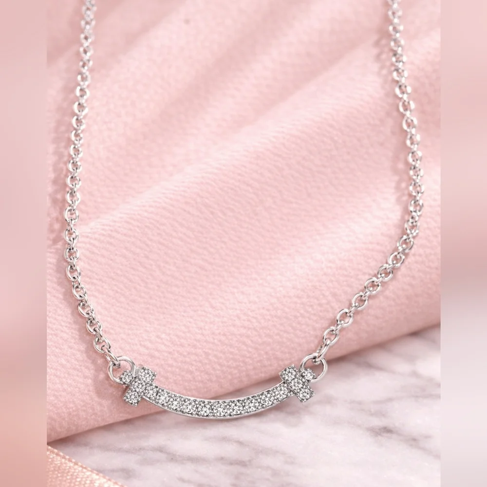 Tiffany & Co Mini T Smile Diamond Necklace 18k White Gold AU 750 16" - 18" Chain - Picture 3 of 7
